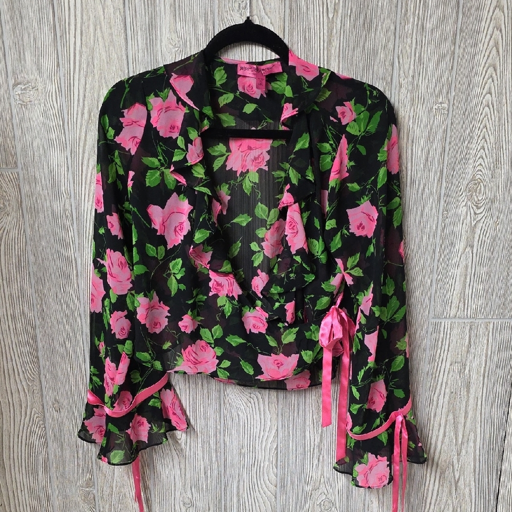 Betsey Johnson Cottagecore Black & Pink Floral Sheer Wrap Blouse 💕✨